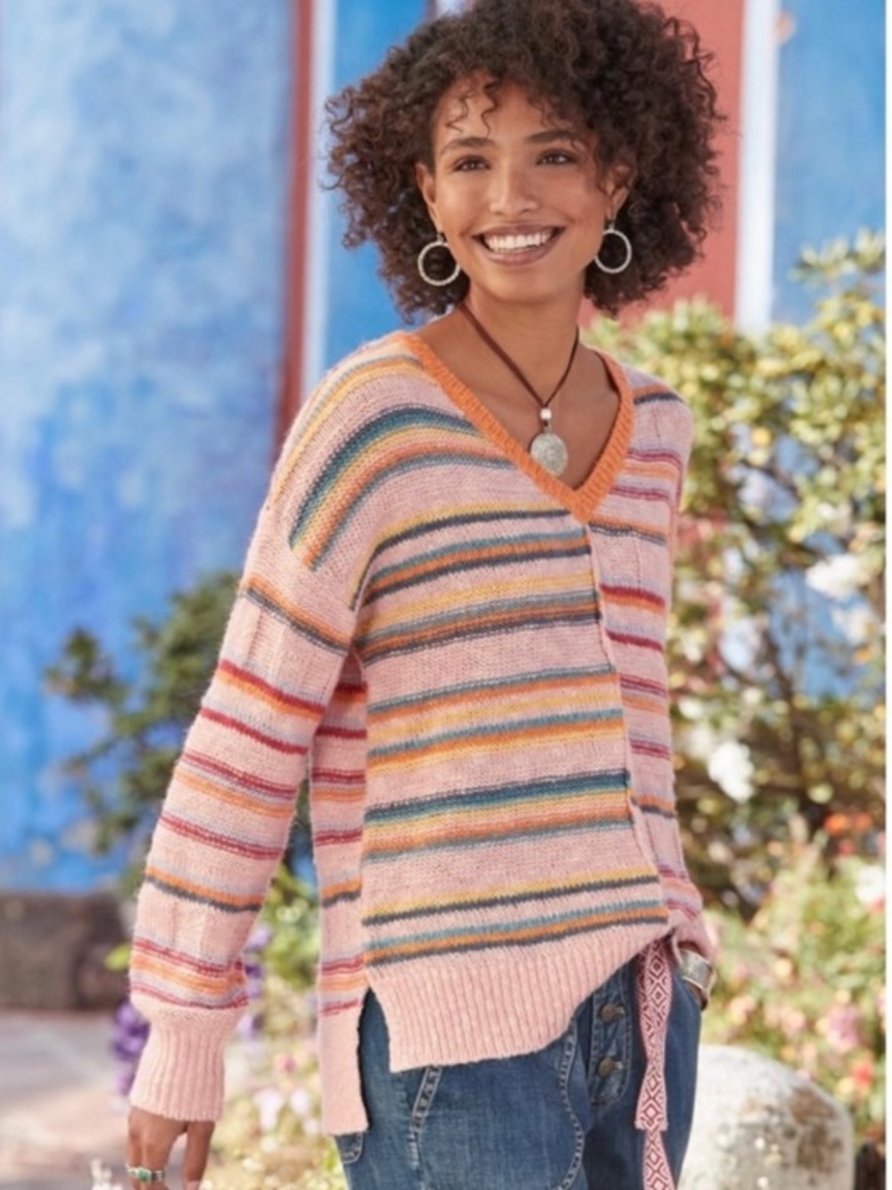 SUNDANCE Symphony Striped V-Neck Multicolor Lightweight Oversized Sweater Boho L